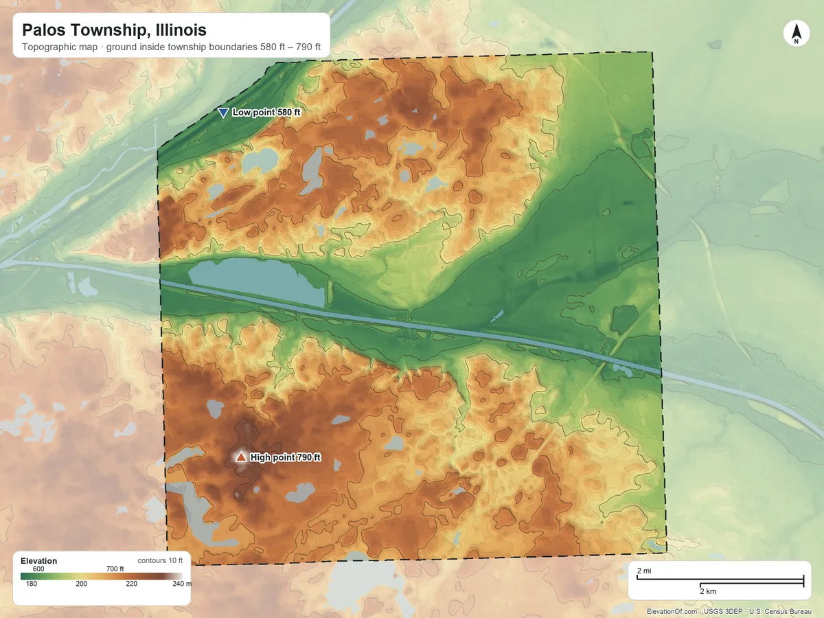 Topographic elevation map of Palos Township, Illinois, shaded from 580 ft on the northwest side to 790 ft on the southwest side