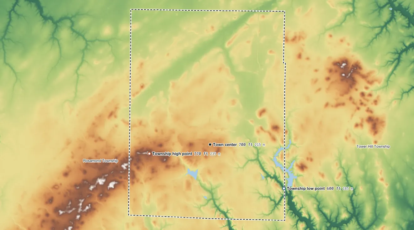 Topographic elevation map of Pana Township, Illinois, shaded from 600 ft on the southeast side to 770 ft on the west side