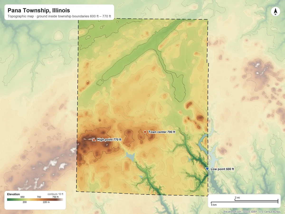 Topographic elevation map of Pana Township, Illinois, shaded from 600 ft on the southeast side to 770 ft on the west side