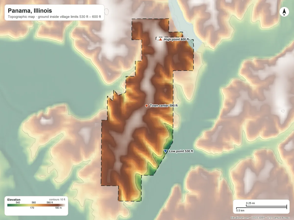 Topographic elevation map of Panama, Illinois, shaded from 530 ft on the south side to 600 ft on the north side