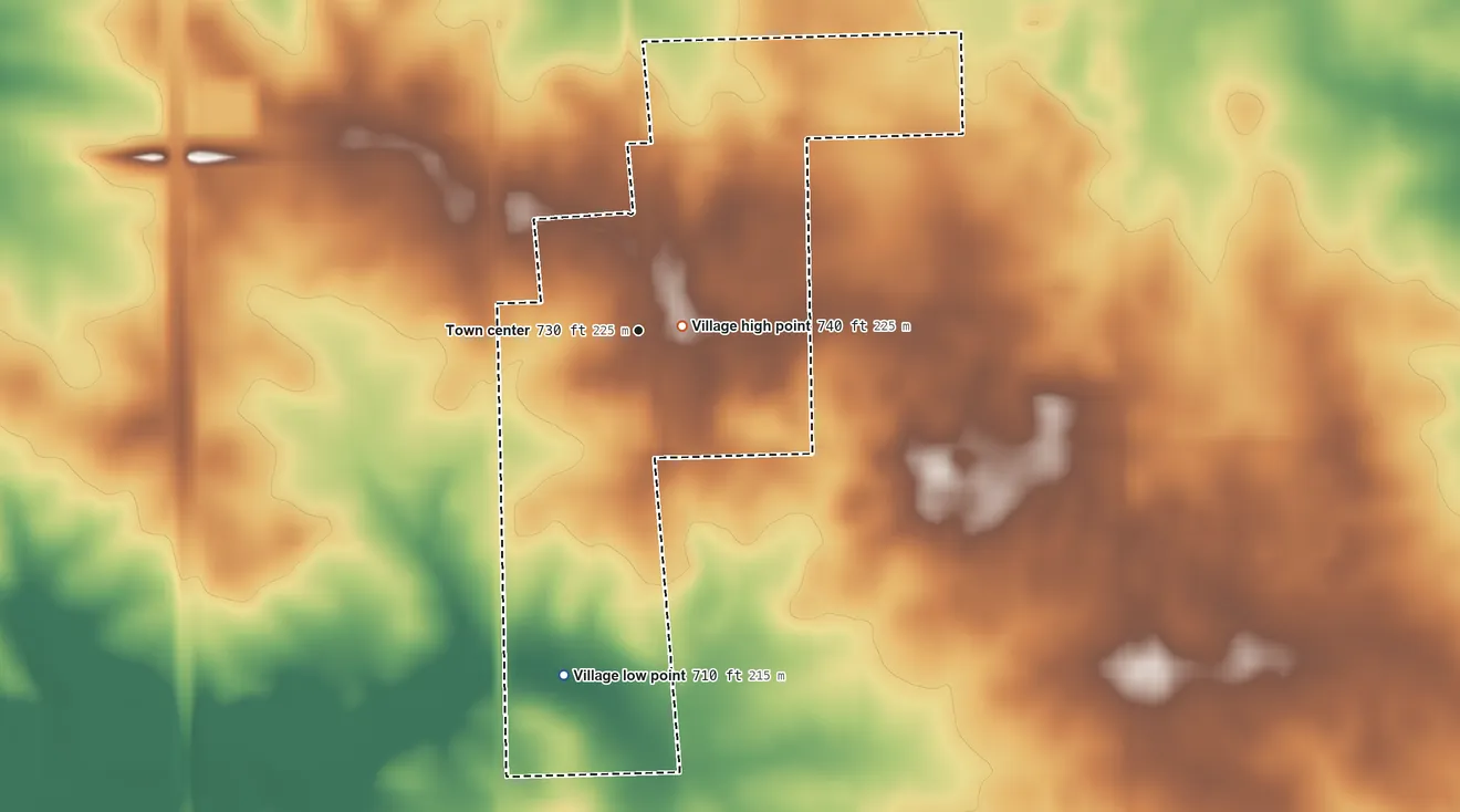 Topographic elevation map of Panola, Illinois, shaded from 710 ft on the south side to 740 ft near the middle