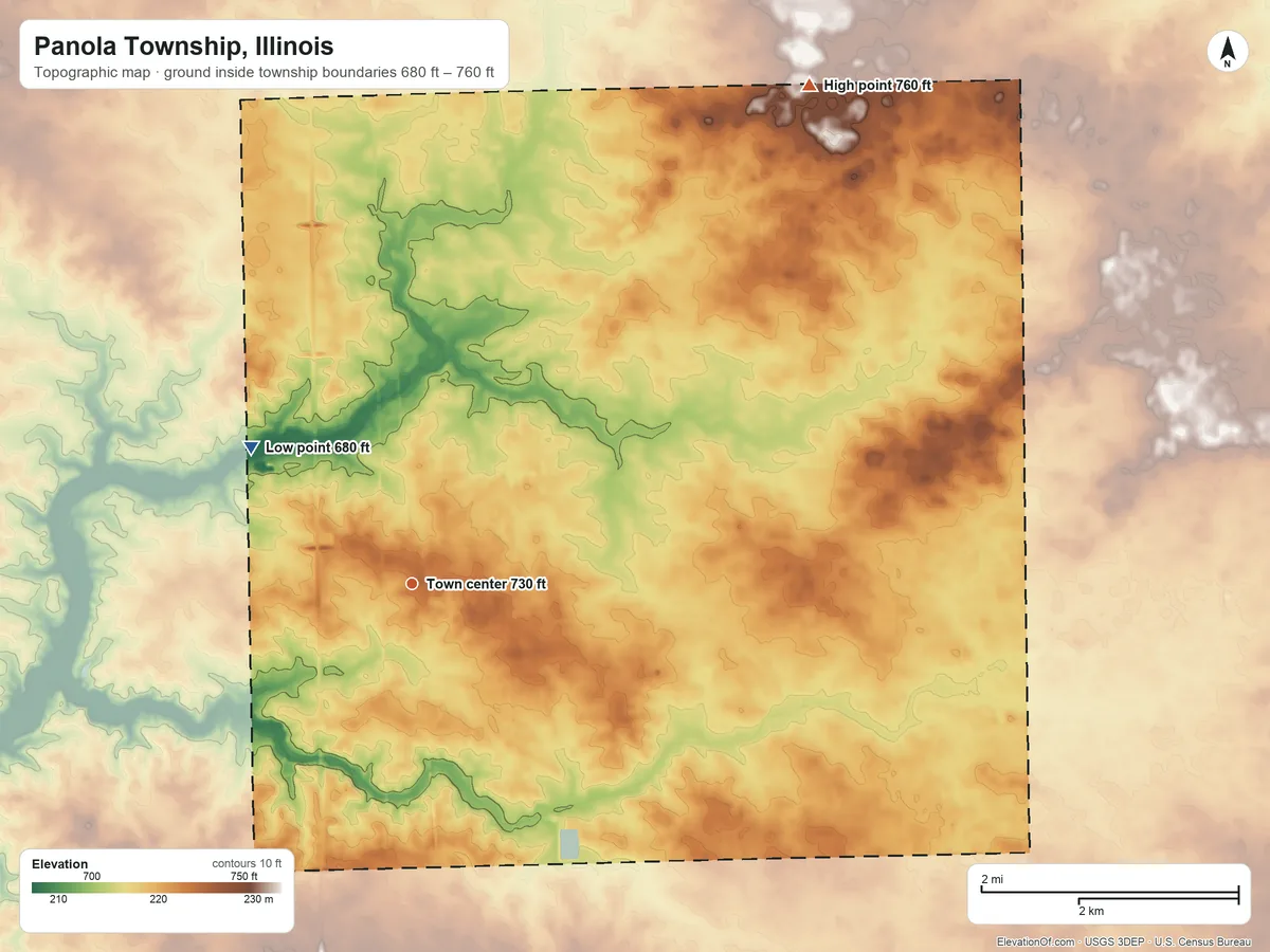 Topographic elevation map of Panola Township, Illinois, shaded from 680 ft on the northwest side to 760 ft on the northeast side