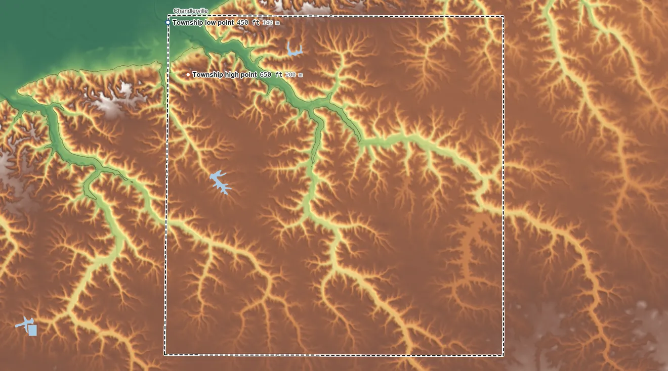 Topographic elevation map of Panther Creek Township, Illinois, shaded from 450 ft on the northwest side to 650 ft on the northwest side