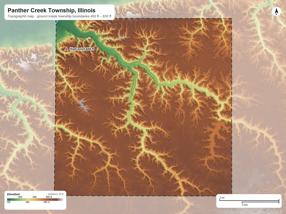 Topographic elevation map of Panther Creek Township, Illinois, shaded from 450 ft on the northwest side to 650 ft on the northwest side