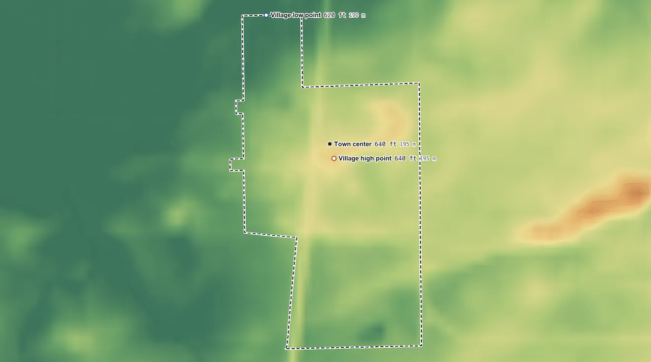 Topographic elevation map of Papineau, Illinois, shaded from 620 ft on the northwest side to 640 ft near the middle