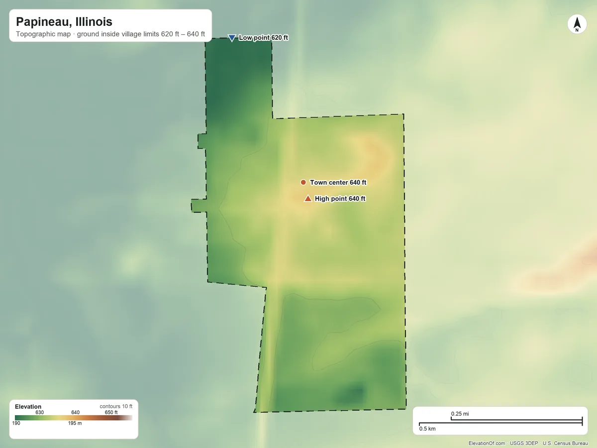 Topographic elevation map of Papineau, Illinois, shaded from 620 ft on the northwest side to 640 ft near the middle