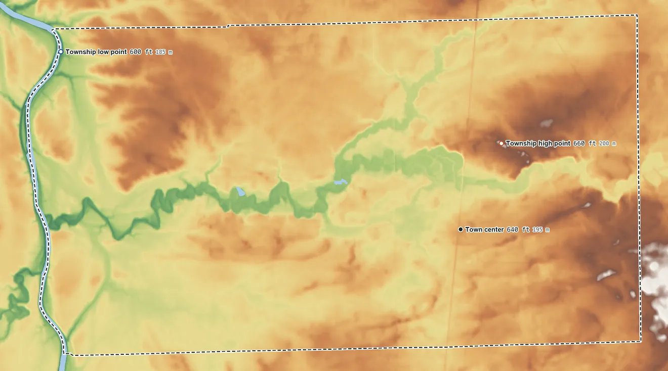 Topographic elevation map of Papineau Township, Illinois, shaded from 600 ft on the northwest side to 660 ft on the northeast side