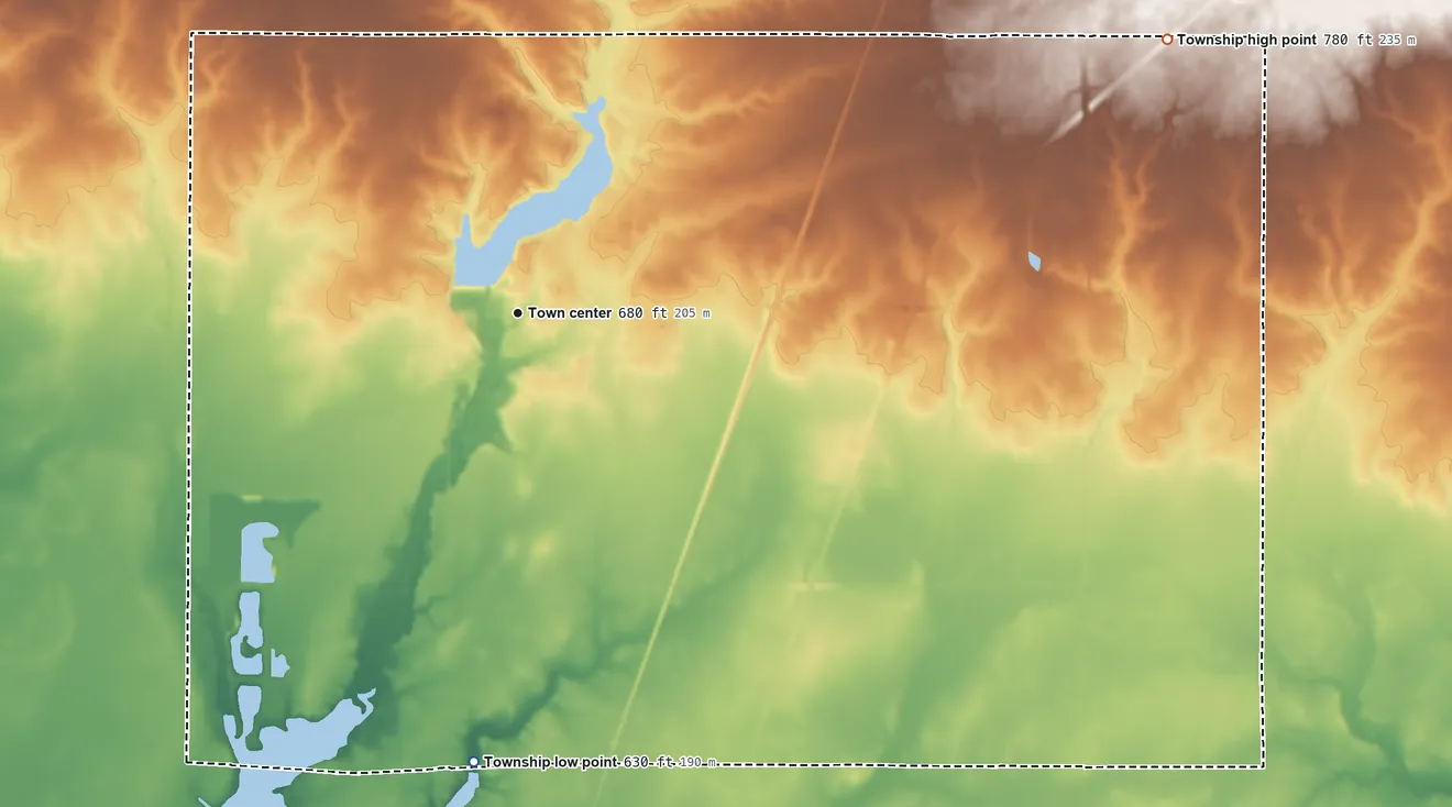 Topographic elevation map of Paradise Township, Illinois, shaded from 630 ft on the south side to 780 ft on the northeast side
