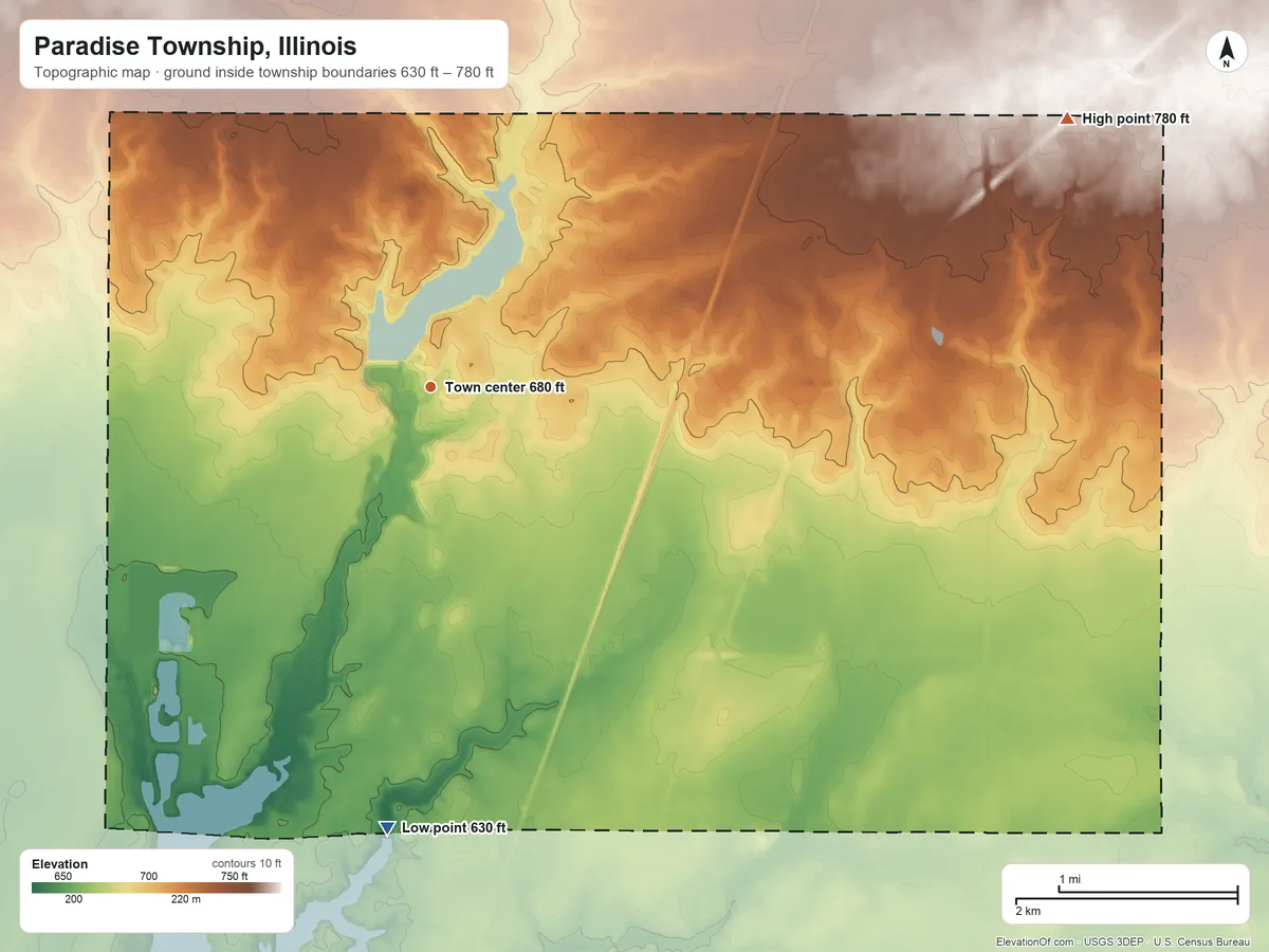 Topographic elevation map of Paradise Township, Illinois, shaded from 630 ft on the south side to 780 ft on the northeast side