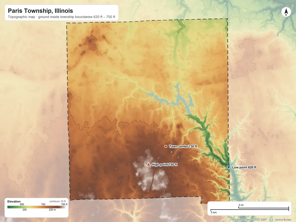 Topographic elevation map of Paris Township, Illinois, shaded from 620 ft on the east side to 750 ft on the southwest side
