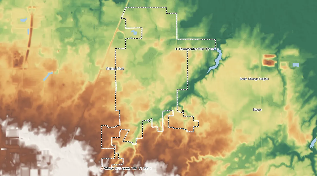 Topographic elevation map of Park Forest, Illinois, shaded from 680 ft on the east side to 780 ft on the southwest side
