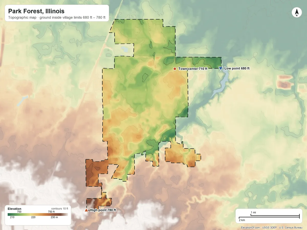 Topographic elevation map of Park Forest, Illinois, shaded from 680 ft on the east side to 780 ft on the southwest side
