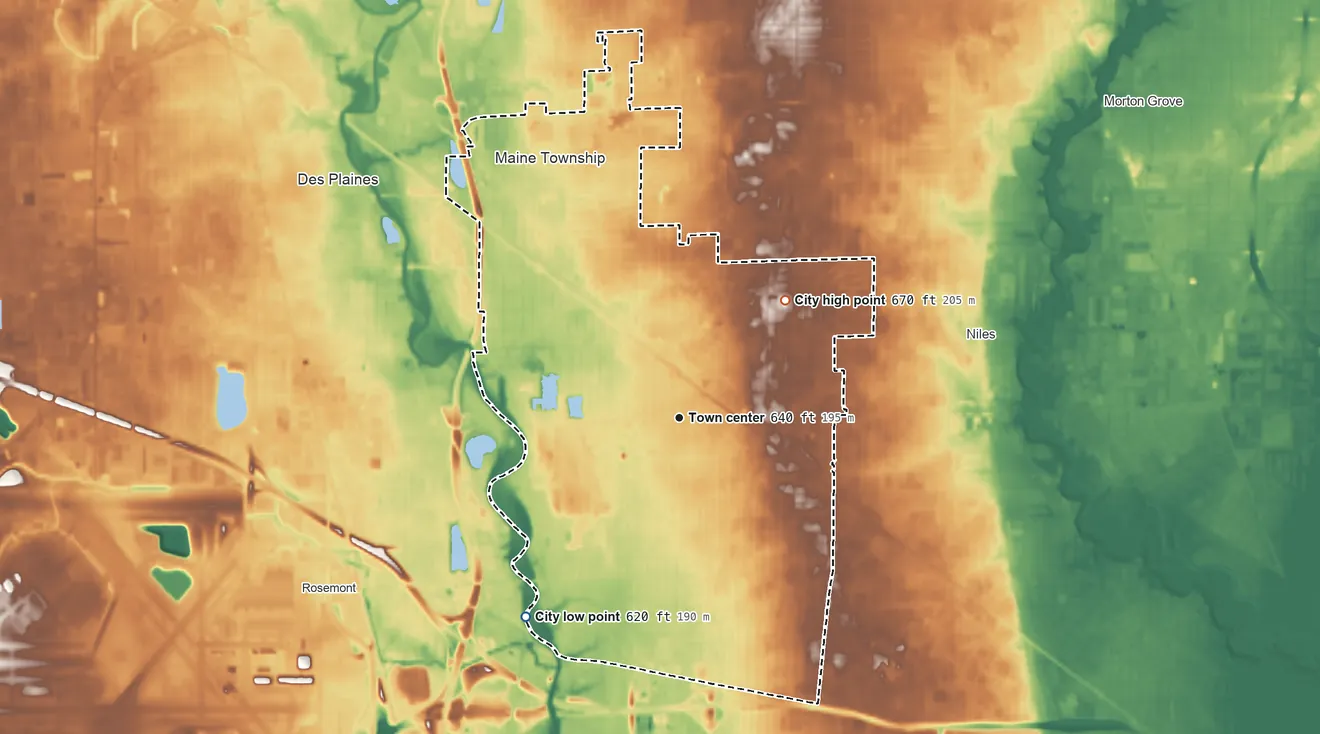 Topographic elevation map of Park Ridge, Illinois, shaded from 620 ft on the southwest side to 670 ft on the northeast side
