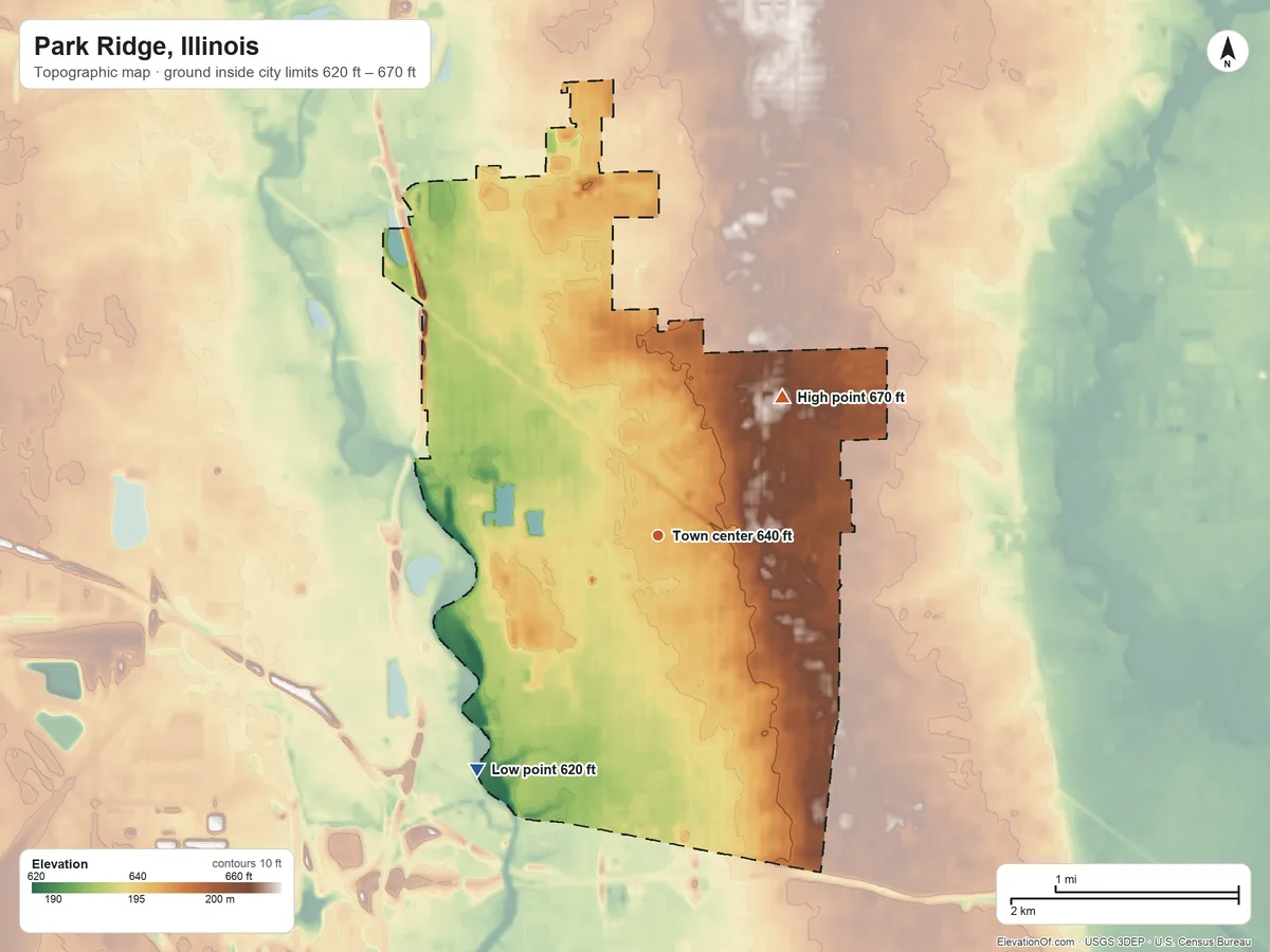 Topographic elevation map of Park Ridge, Illinois, shaded from 620 ft on the southwest side to 670 ft on the northeast side