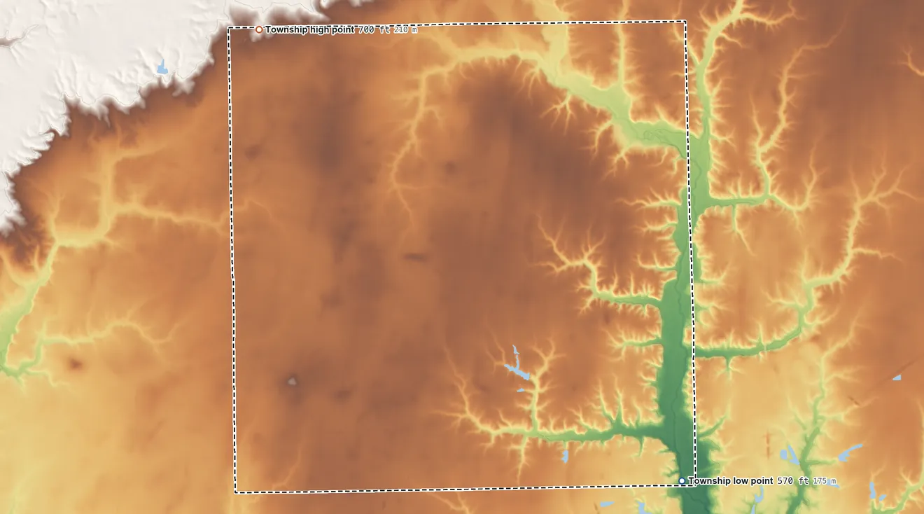 Topographic elevation map of Parker Township, Illinois, shaded from 570 ft on the southeast side to 700 ft on the northwest side