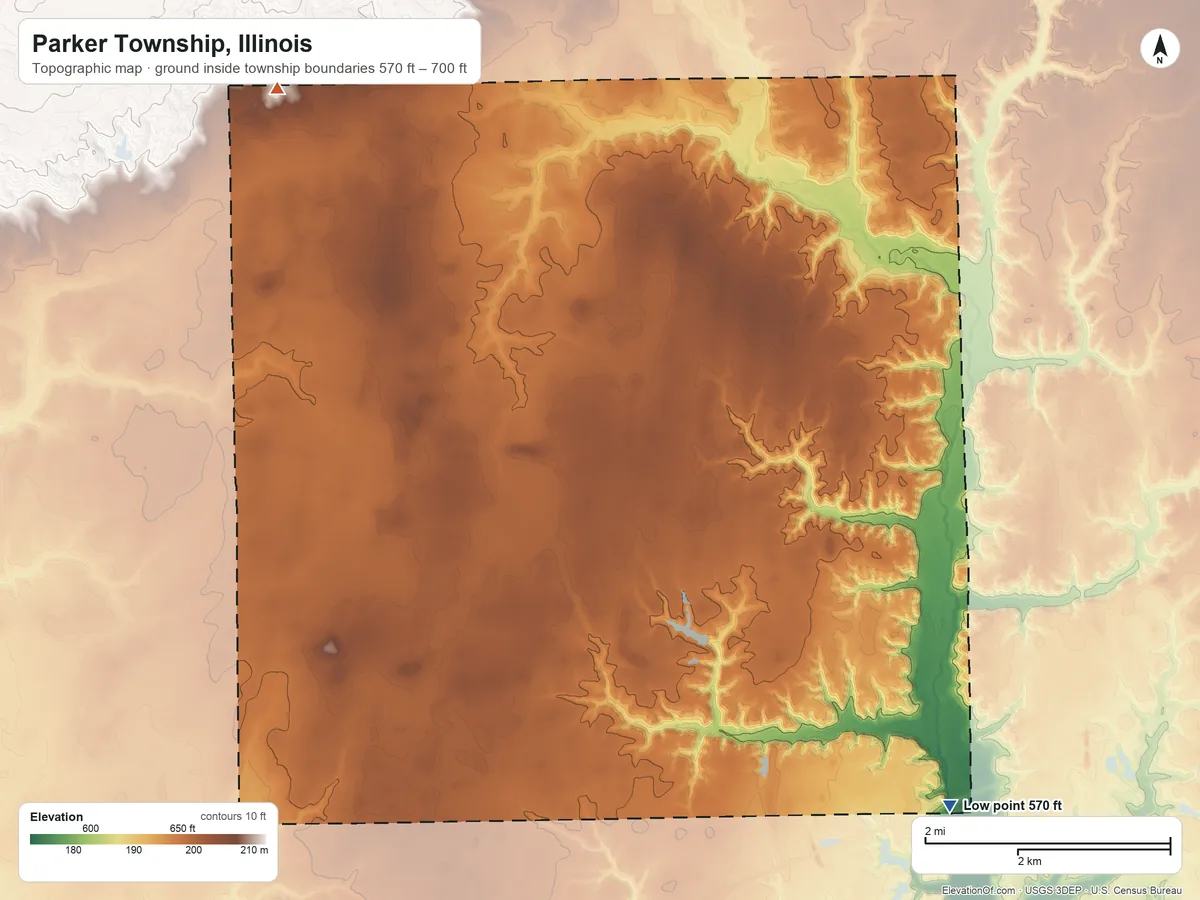 Topographic elevation map of Parker Township, Illinois, shaded from 570 ft on the southeast side to 700 ft on the northwest side