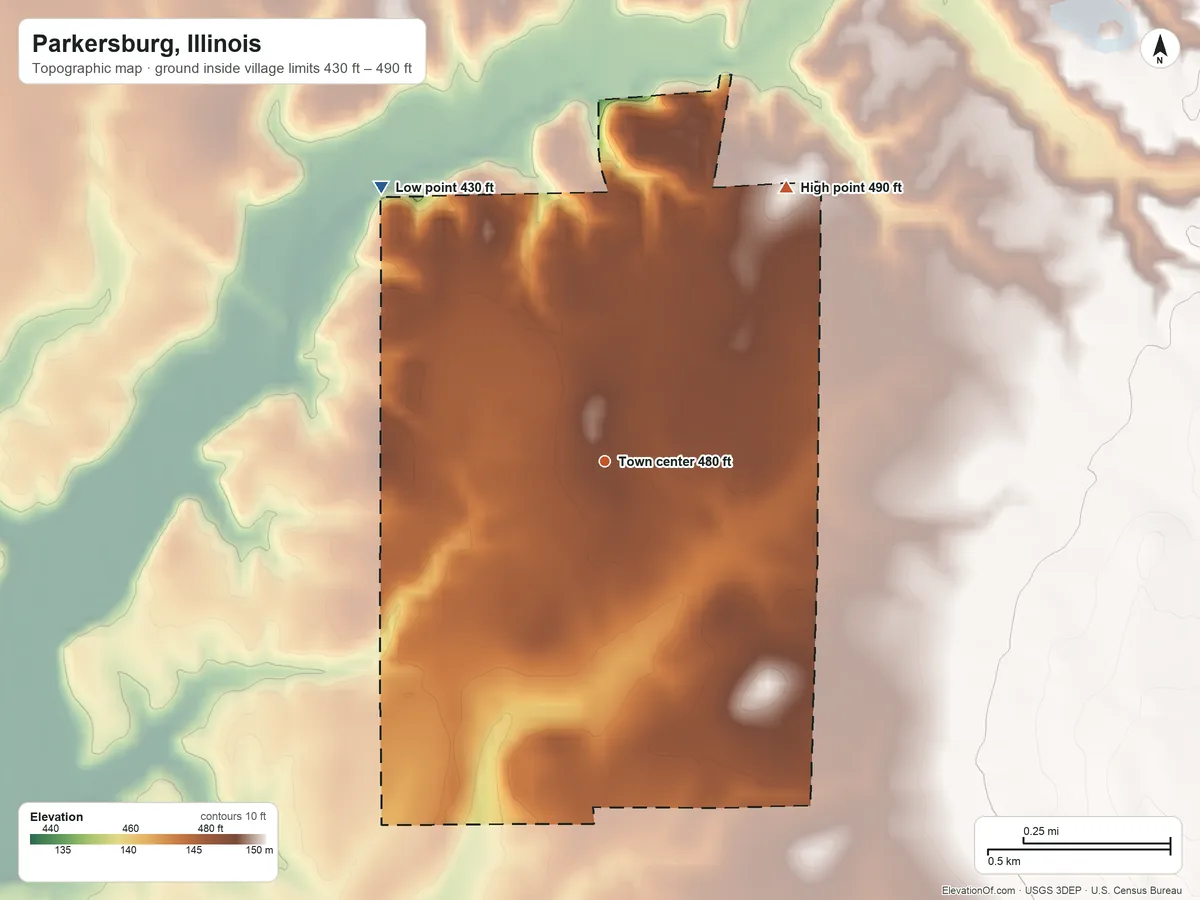 Topographic elevation map of Parkersburg, Illinois, shaded from 430 ft on the northwest side to 490 ft on the northeast side