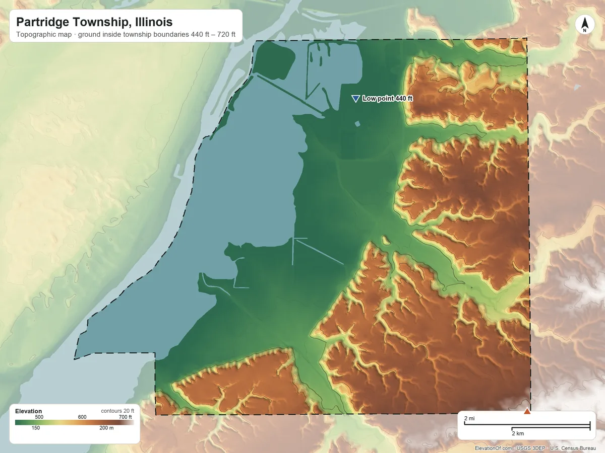 Topographic elevation map of Partridge Township, Illinois, shaded from 440 ft on the north side to 720 ft on the southeast side