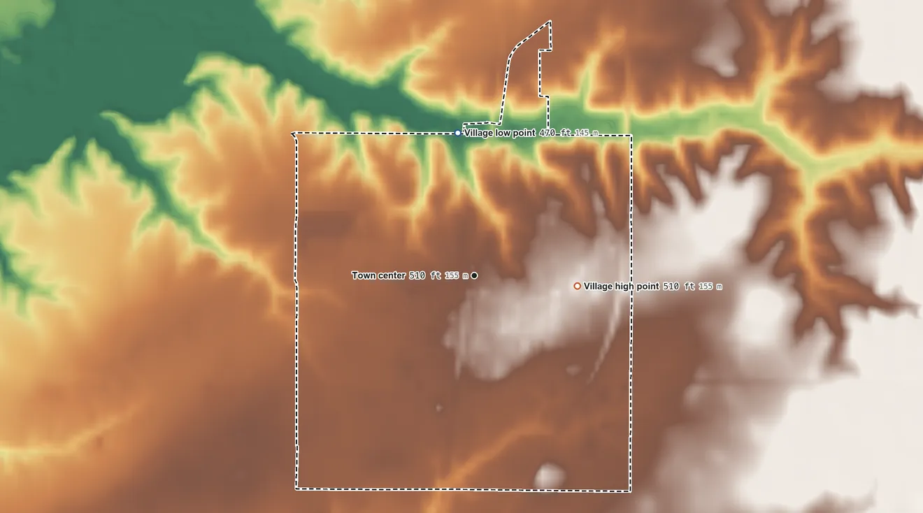 Topographic elevation map of Patoka, Illinois, shaded from 470 ft on the north side to 510 ft on the east side