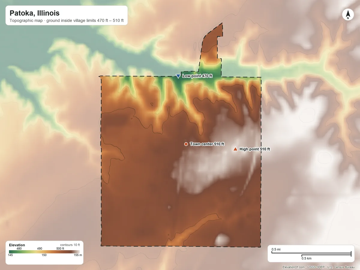 Topographic elevation map of Patoka, Illinois, shaded from 470 ft on the north side to 510 ft on the east side