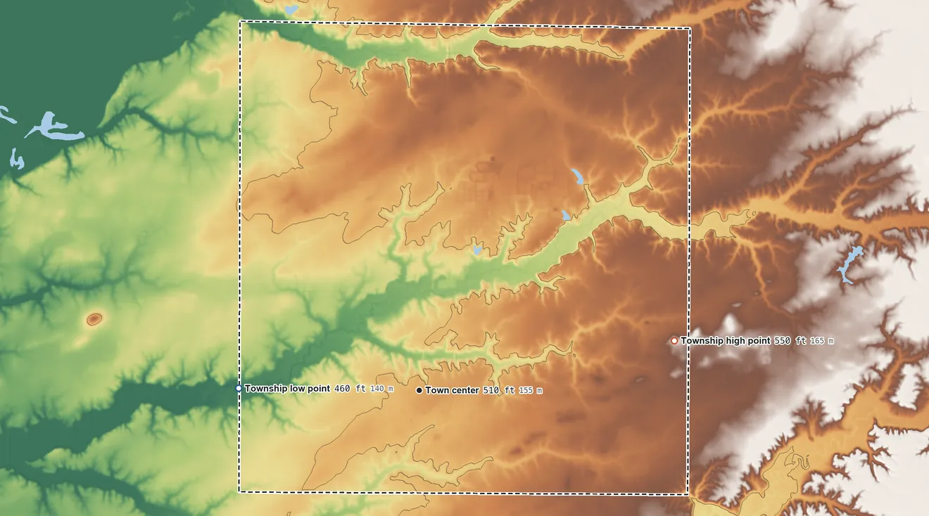 Topographic elevation map of Patoka Township, Illinois, shaded from 460 ft on the west side to 550 ft on the east side
