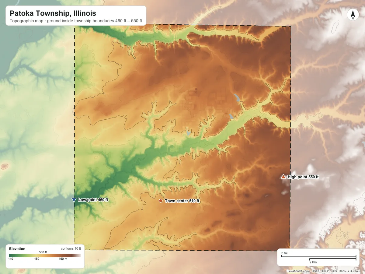 Topographic elevation map of Patoka Township, Illinois, shaded from 460 ft on the west side to 550 ft on the east side