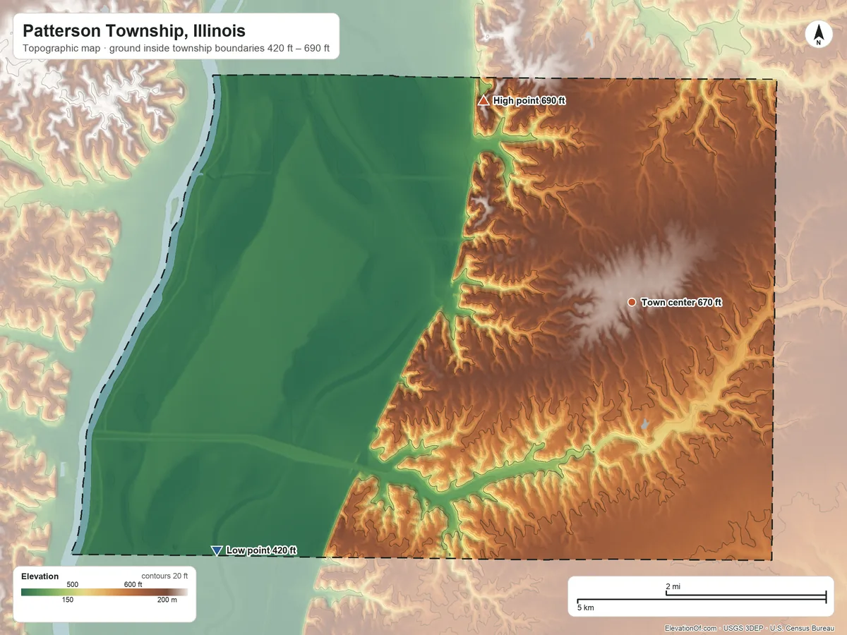 Topographic elevation map of Patterson Township, Illinois, shaded from 420 ft on the southwest side to 690 ft on the northwest side