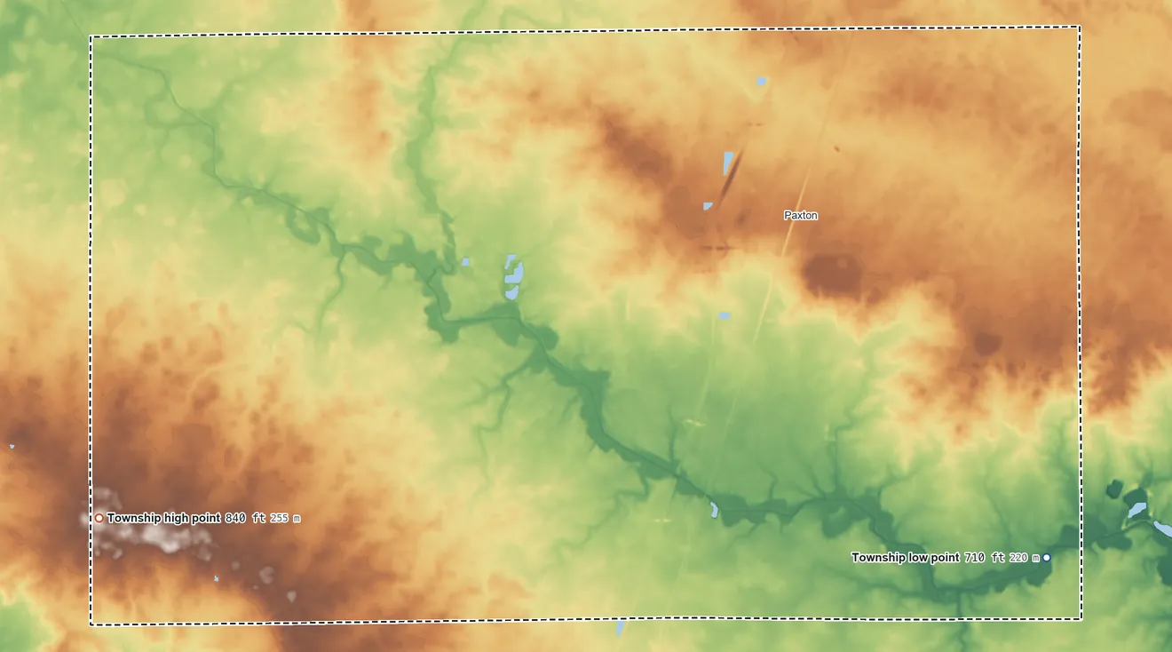 Topographic elevation map of Patton Township, Illinois, shaded from 710 ft on the southeast side to 840 ft on the west side