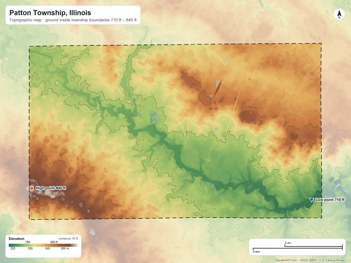 Topographic elevation map of Patton Township, Illinois, shaded from 710 ft on the southeast side to 840 ft on the west side
