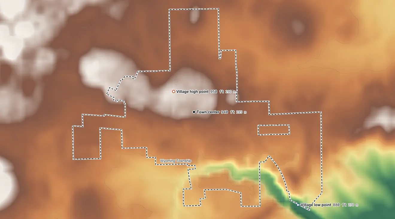Topographic elevation map of Paw Paw, Illinois, shaded from 880 ft on the southeast side to 950 ft near the middle