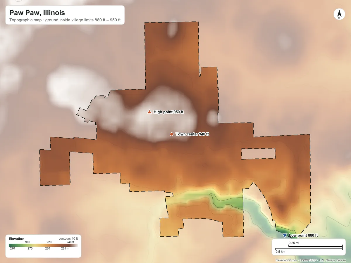 Topographic elevation map of Paw Paw, Illinois, shaded from 880 ft on the southeast side to 950 ft near the middle