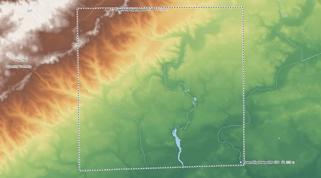 Topographic elevation map of Paw Paw Township, Illinois, shaded from 690 ft on the southeast side to 950 ft on the northwest side