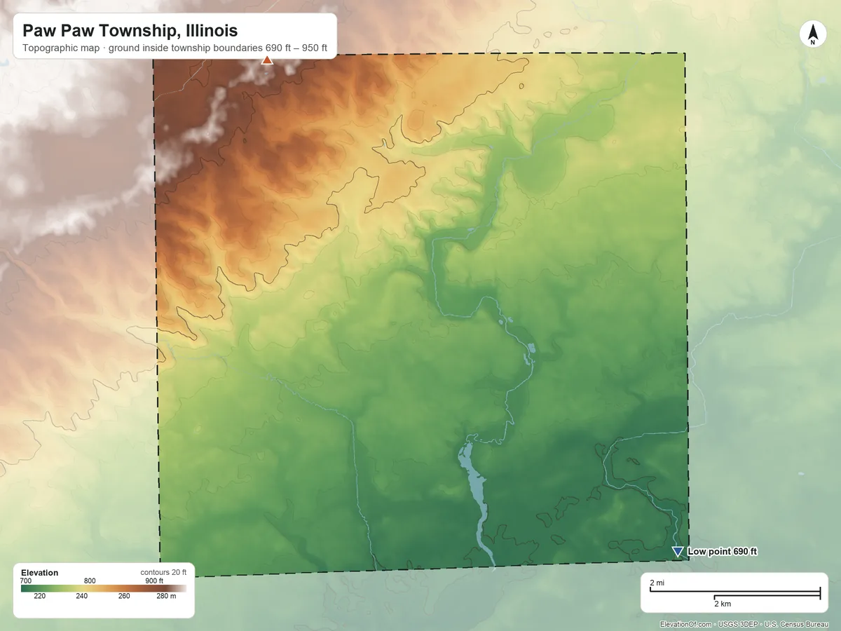 Topographic elevation map of Paw Paw Township, Illinois, shaded from 690 ft on the southeast side to 950 ft on the northwest side
