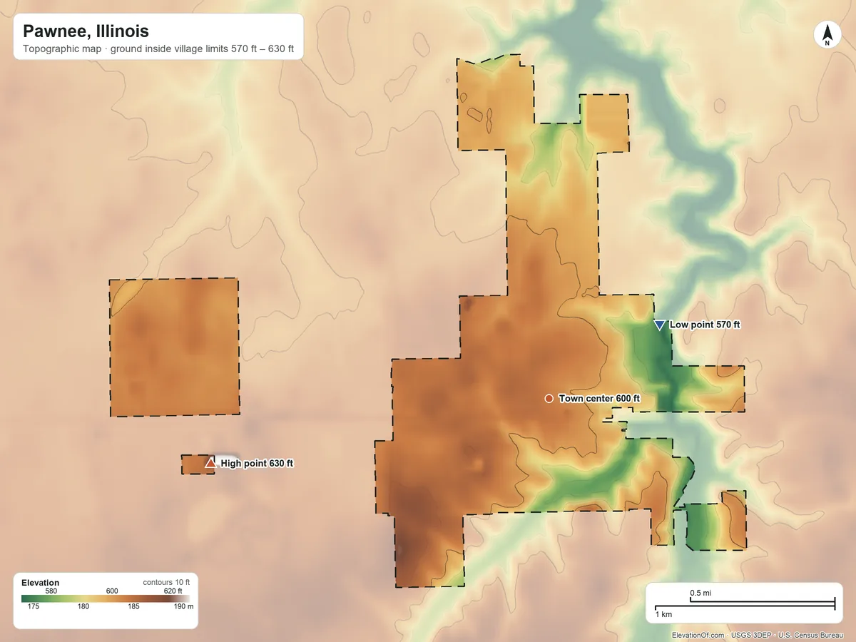 Topographic elevation map of Pawnee, Illinois, shaded from 570 ft on the northeast side to 630 ft on the west side