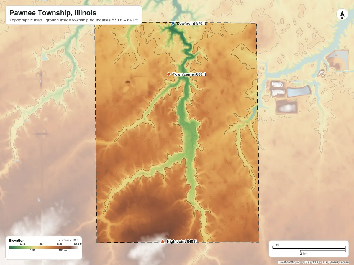 Topographic elevation map of Pawnee Township, Illinois, shaded from 570 ft on the north side to 640 ft on the south side