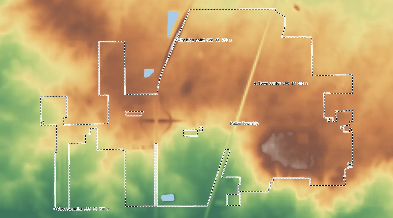 Topographic elevation map of Paxton, Illinois, shaded from 750 ft on the southwest side to 820 ft on the northwest side