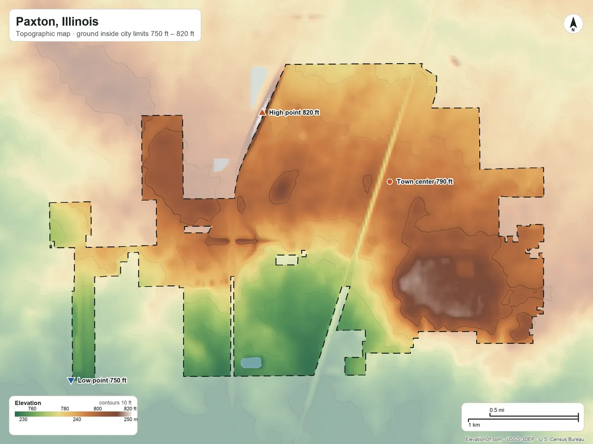 Topographic elevation map of Paxton, Illinois, shaded from 750 ft on the southwest side to 820 ft on the northwest side