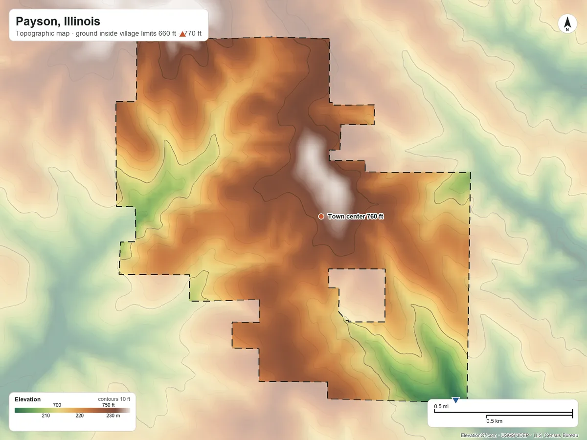 Topographic elevation map of Payson, Illinois, shaded from 660 ft on the southeast side to 770 ft on the northwest side