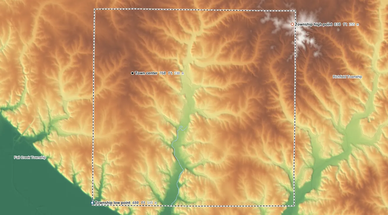 Topographic elevation map of Payson Township, Illinois, shaded from 480 ft on the south side to 830 ft on the east side