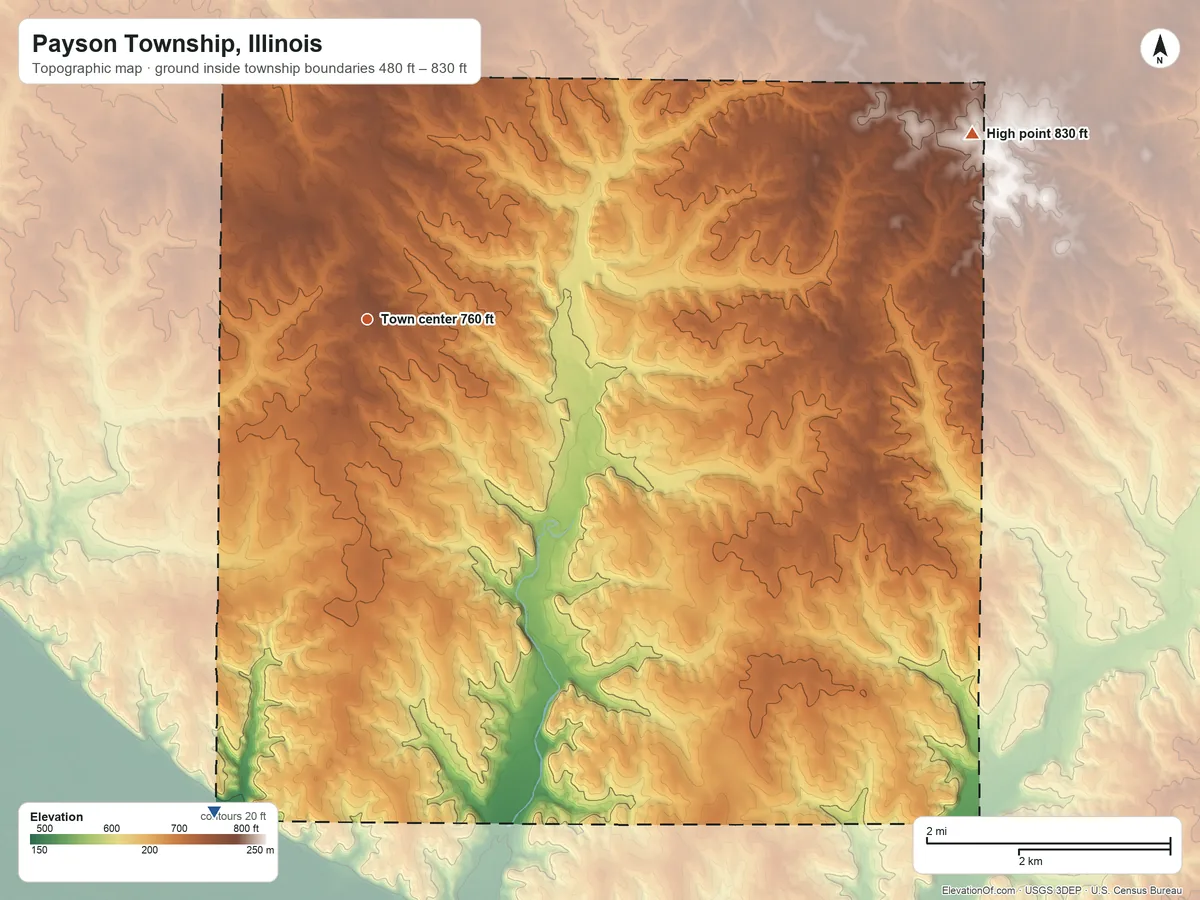 Topographic elevation map of Payson Township, Illinois, shaded from 480 ft on the south side to 830 ft on the east side