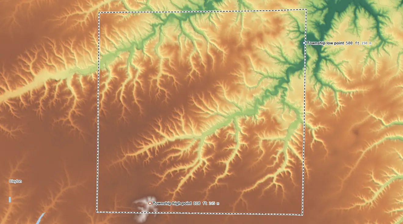 Topographic elevation map of Pea Ridge Township, Illinois, shaded from 500 ft on the northeast side to 810 ft on the southwest side
