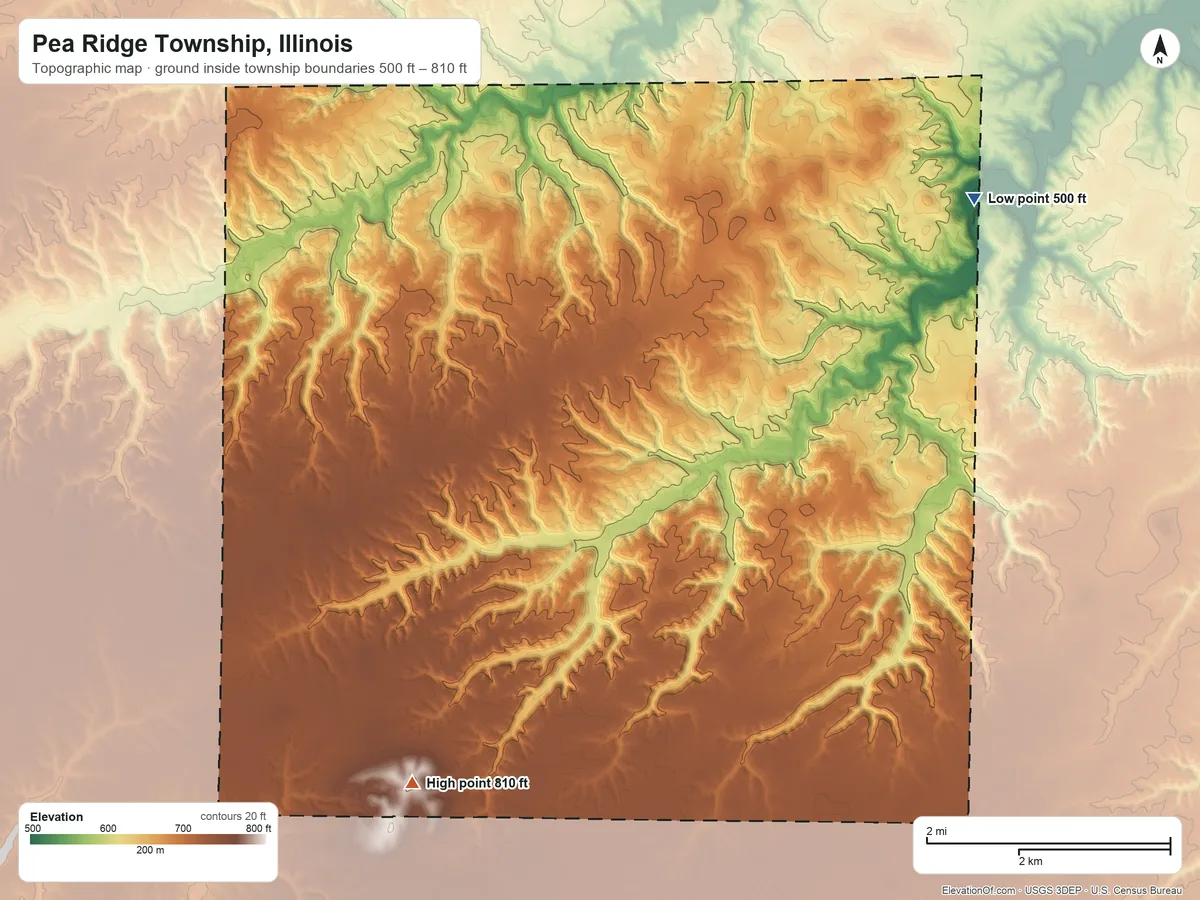 Topographic elevation map of Pea Ridge Township, Illinois, shaded from 500 ft on the northeast side to 810 ft on the southwest side