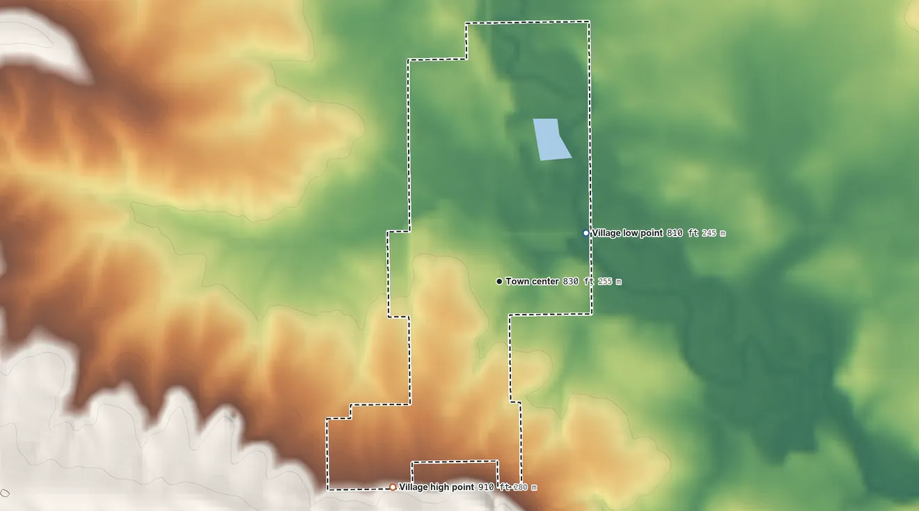 Topographic elevation map of Pearl City, Illinois, shaded from 810 ft on the northeast side to 910 ft on the southwest side