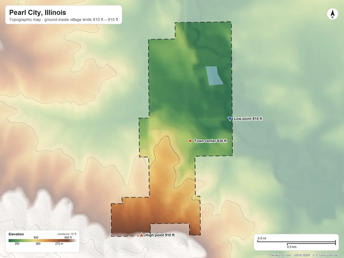 Topographic elevation map of Pearl City, Illinois, shaded from 810 ft on the northeast side to 910 ft on the southwest side