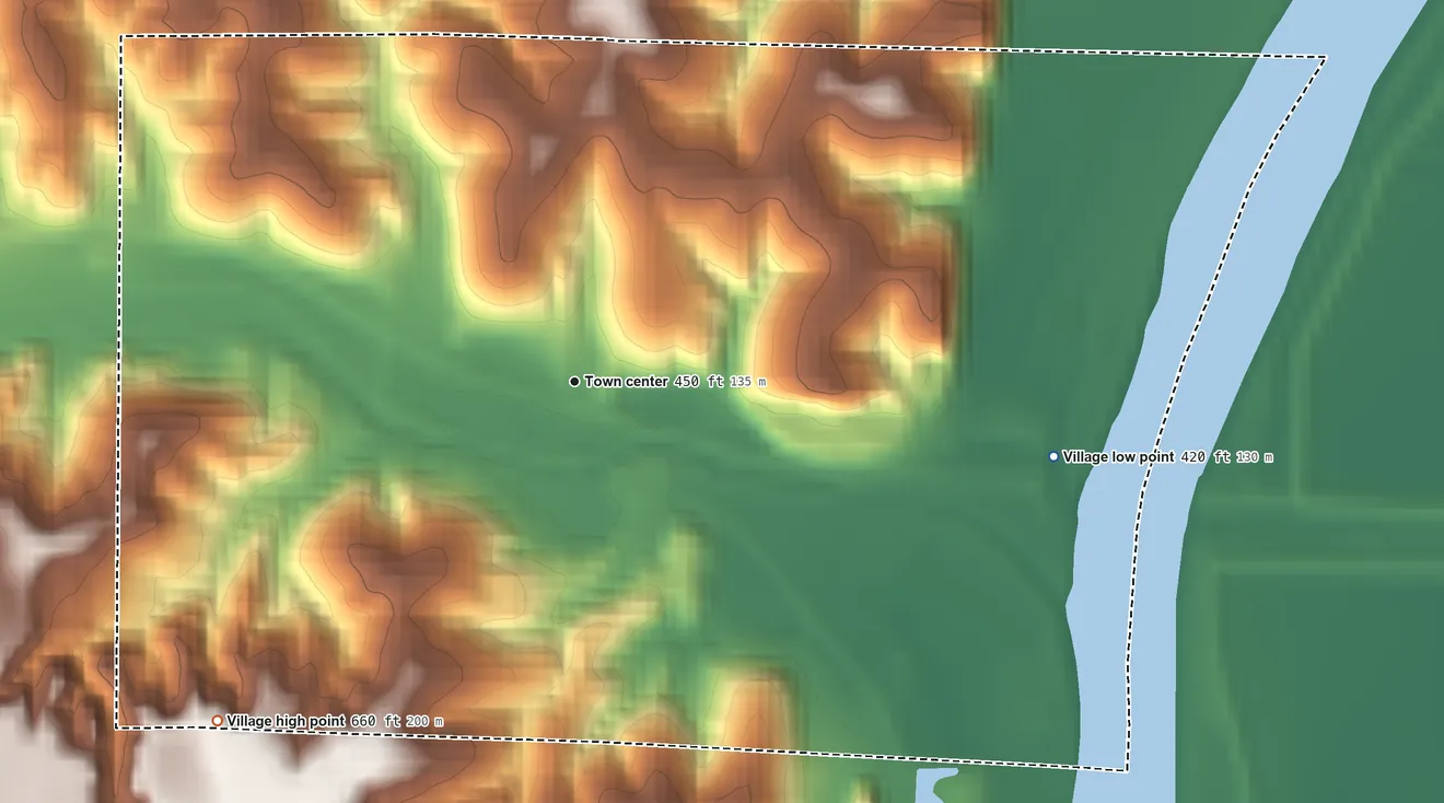 Topographic elevation map of Pearl, Illinois, shaded from 420 ft on the east side to 660 ft on the southwest side
