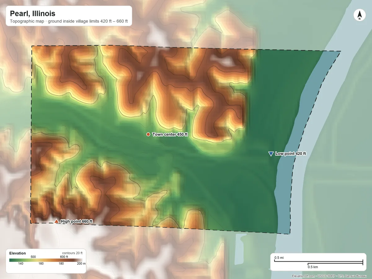 Topographic elevation map of Pearl, Illinois, shaded from 420 ft on the east side to 660 ft on the southwest side