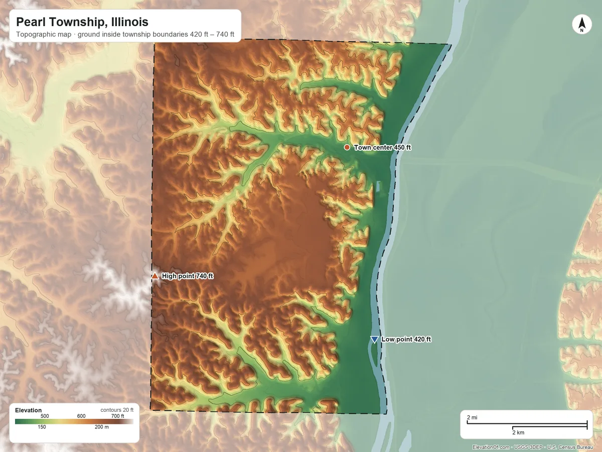 Topographic elevation map of Pearl Township, Illinois, shaded from 420 ft on the south side to 740 ft on the southwest side
