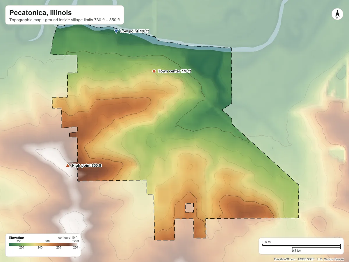 Topographic elevation map of Pecatonica, Illinois, shaded from 730 ft on the northwest side to 850 ft on the southwest side
