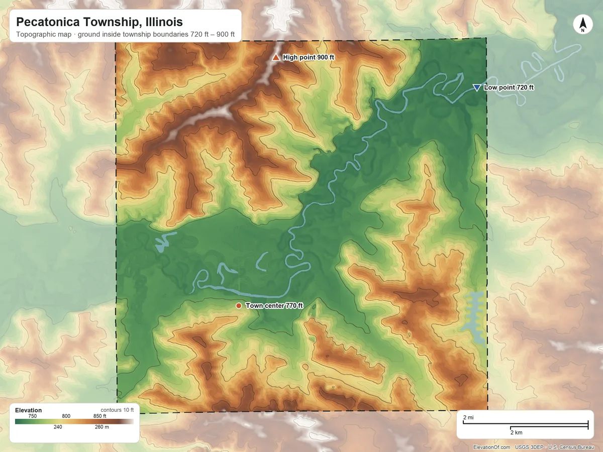 Topographic elevation map of Pecatonica Township, Illinois, shaded from 720 ft on the northeast side to 900 ft on the north side