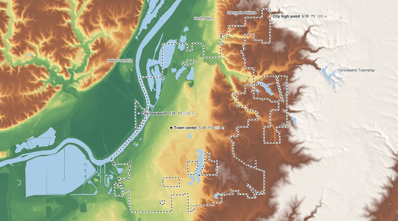 Topographic elevation map of Pekin, Illinois, shaded from 430 ft on the northwest side to 670 ft on the northeast side